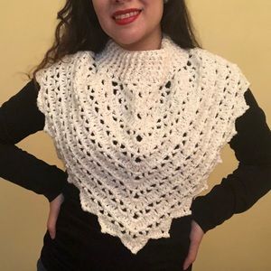 White & golden Hand-Knitted Crochet Scarf Shawl